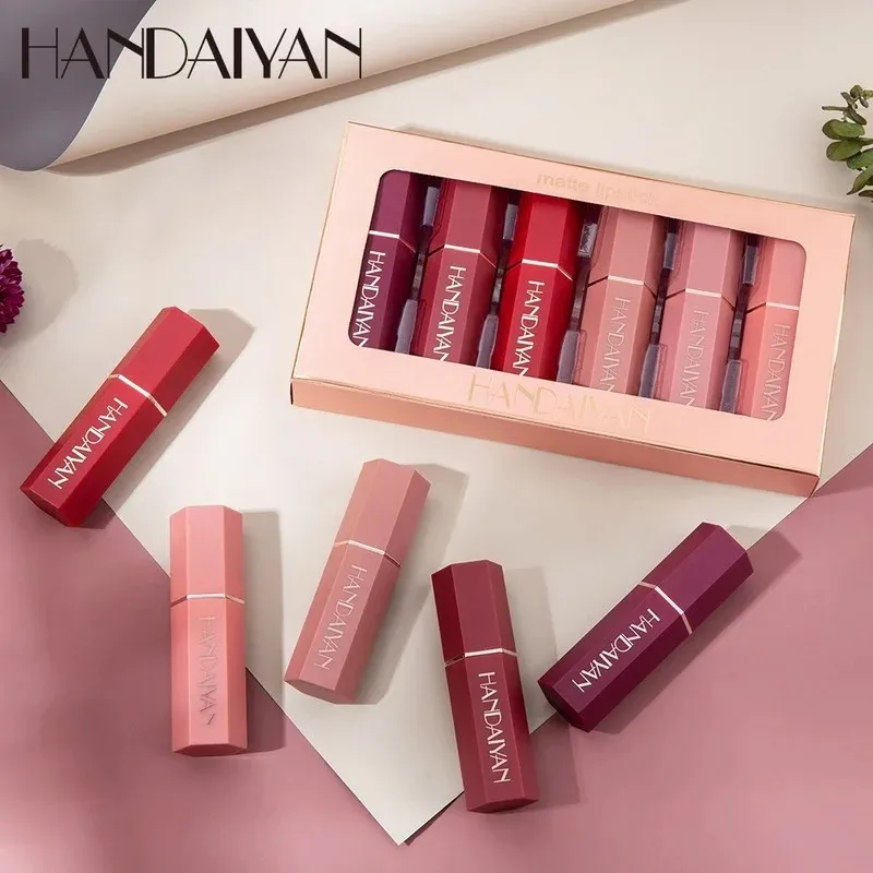 6 cores/conjuntos de veludo líquido fosco de batom lip gloss Sexy maquiagem hidratante hidratante de esmalte à prova d'água presente