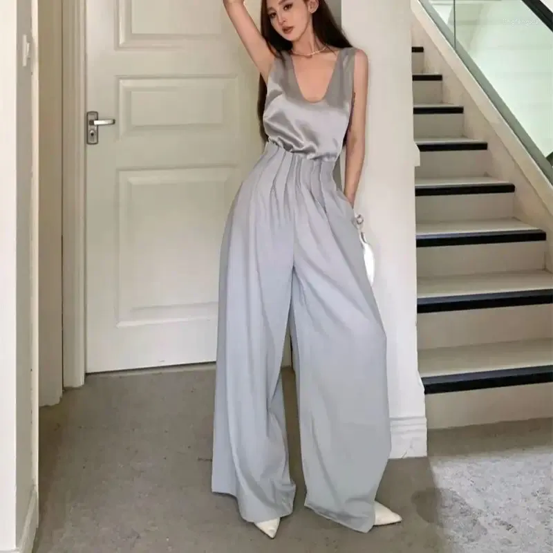 Women's Two Piece Pants French Design Suit Temperament Satin Camisole Summer Pleated Wide-leg Casual Two-piece Set
