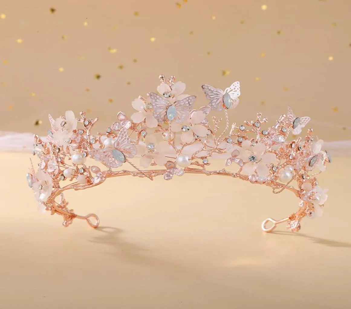 Wedding Hair Jewelry Barok Rose Gold Crystal Motyl Pearls Tiars Bridal Tiary korony Diodem Headpiece Vine Tiara Akcesoria 230113032310