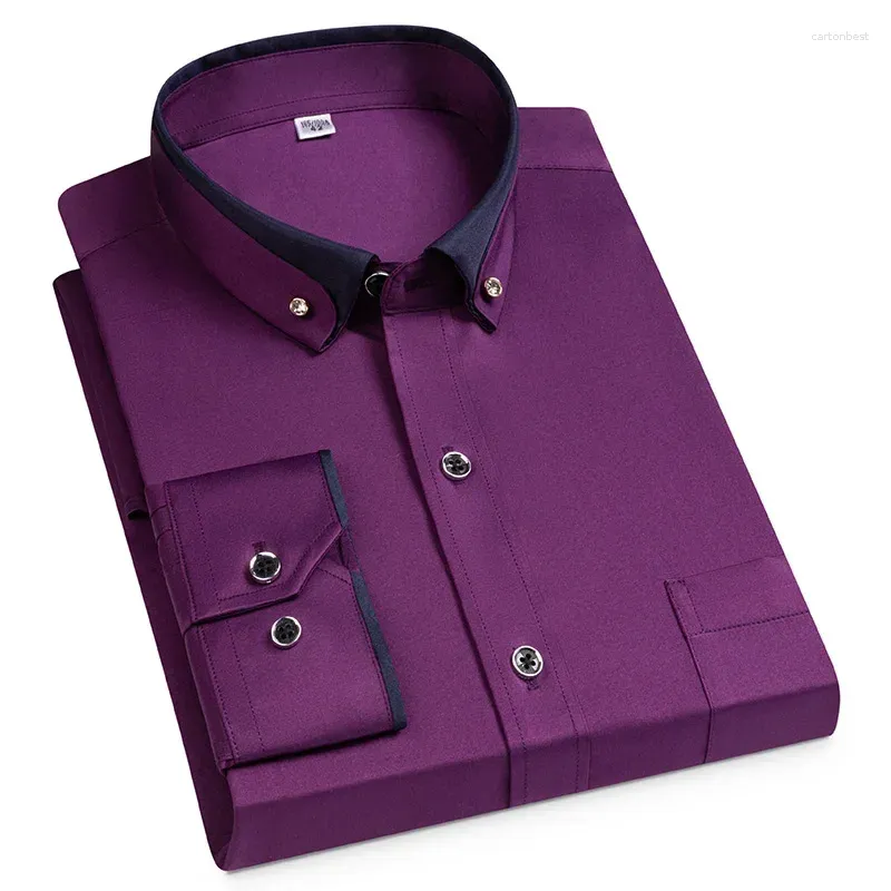 Herrklänningsskjortor i skjorta Elastisk borrspänne Långärmning för män Slim Passar Formell Plain Doble Collor Elegants Office kläder