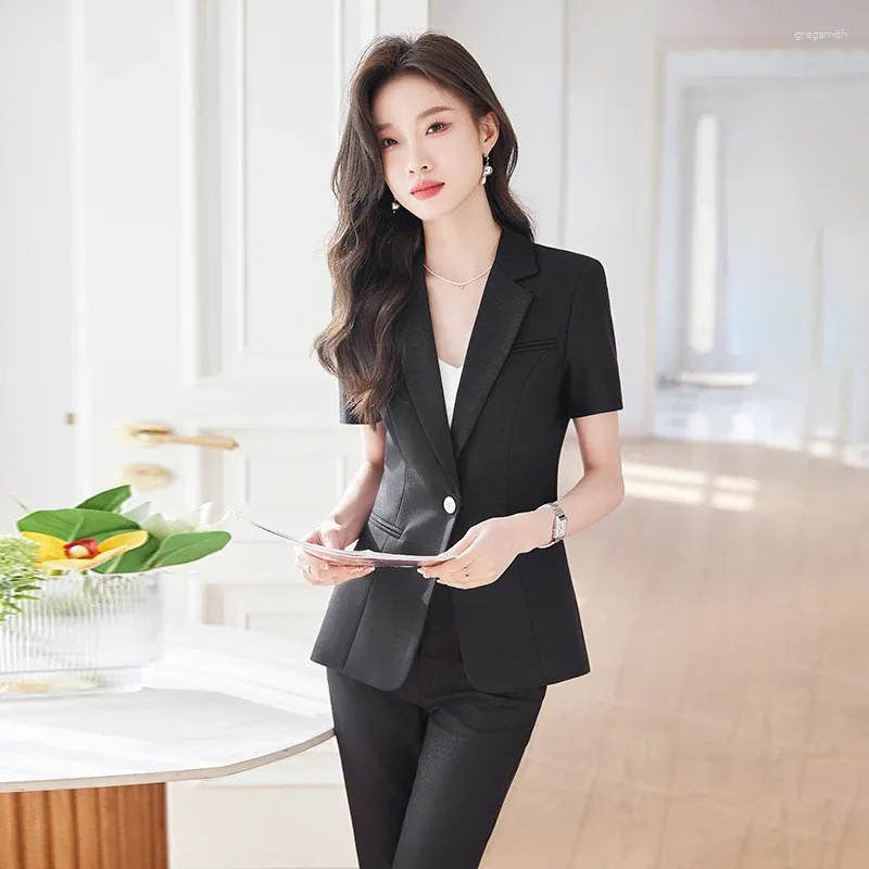 Women's Two Piece Pants Summer Formal Women Work Suits Pant And Blazer Set Pantsuits Black Jacket Office Ladies Business Short Sleeve