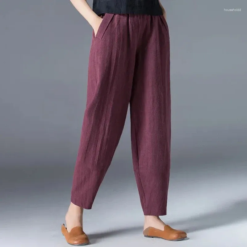 Pantalon féminin taille élastique femmes coton lin harem couleurs massifs larges jambe plus taille d'été pantalon lâche de longueur de cheville 4xl