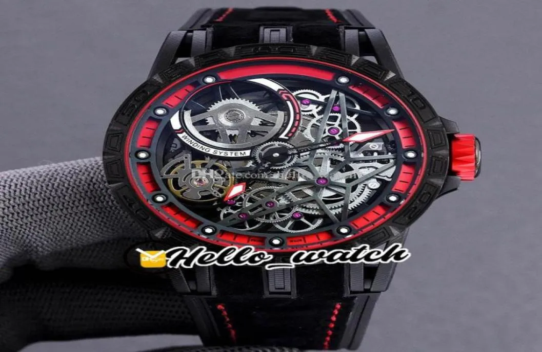 Excalibur 46 relógios automáticos Tourbillon RddBex0617 Mens relógio de esqueleto Dial PVD Caixa de aço carbono preto vermelho cinta de couro interno 6625751