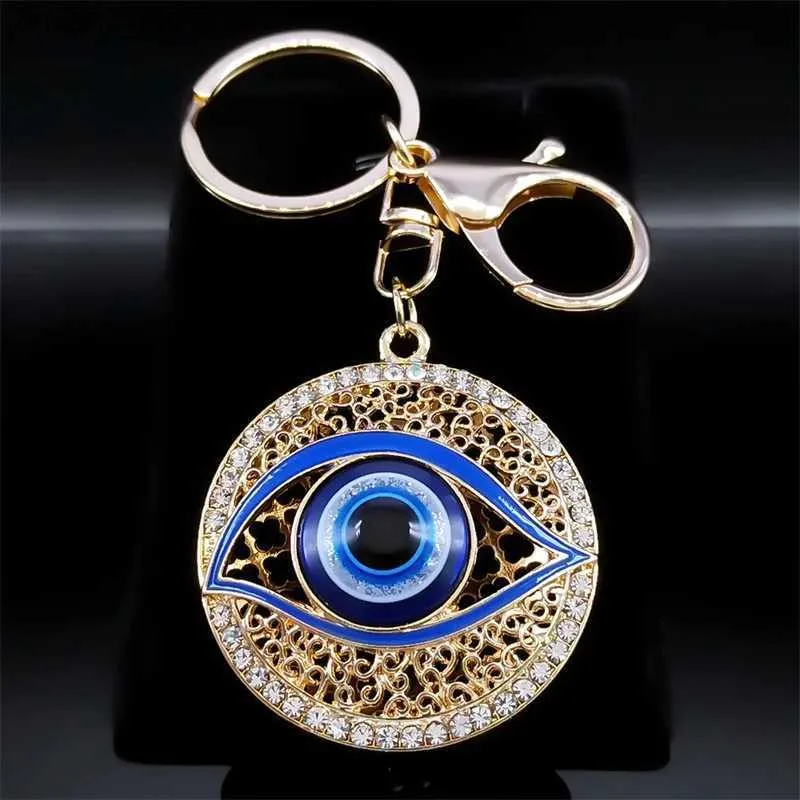 Keychains Lanyards Türkei Eye Schlüsselring für Männer Frauen Gold Farblegierung Strass böse Blau Augenbag Accessoires Schlüsselbund Schmuck Llaveros K5248S01 Y240417