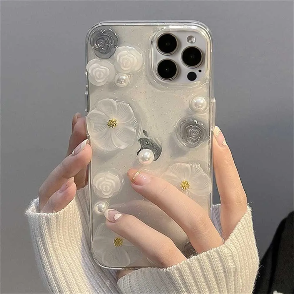 Cell Phone Cases Luxury 3D Rose Flower Pearl Glitter Epoxy Soft Phone Case for phone 15 14 Pro Max 13 12 11 Plus Clear Silicone Shockproof Cover