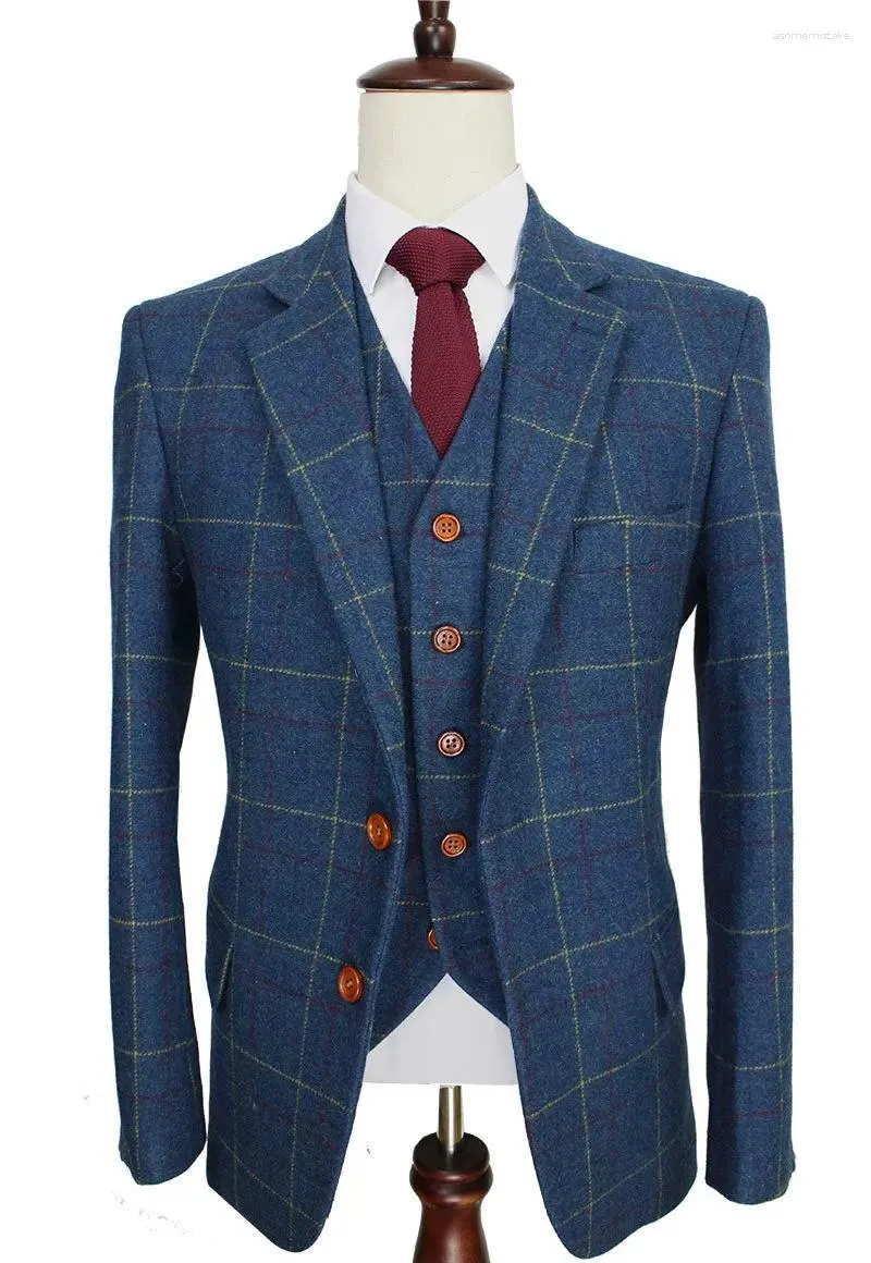 Costumes masculins de haute qualité en laine bleu tweed plaid homme rétro gentleman de style smoot de marié mariage sur mesure (gilet de pantalon de veste)