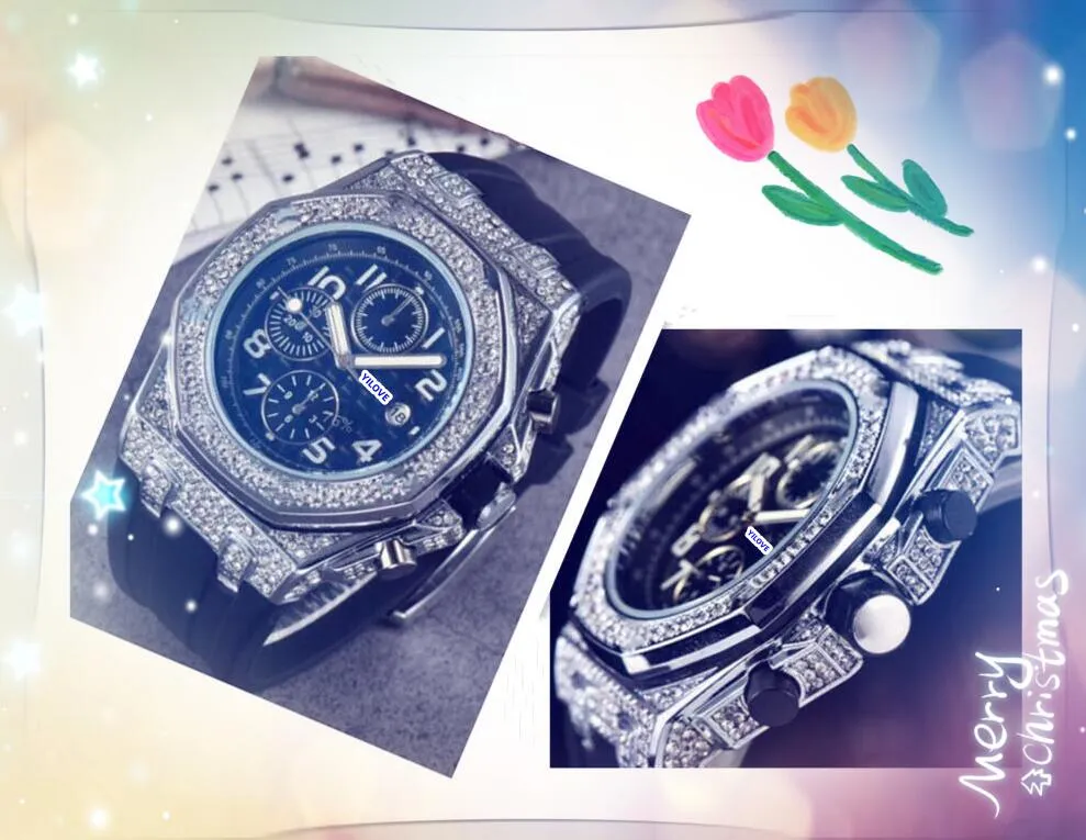 relogio masculino Brand mens Quartz Watches Stopwatch Black green rubber strap diamonds ring japan quartz movement calendar wristwatch birthday gifts