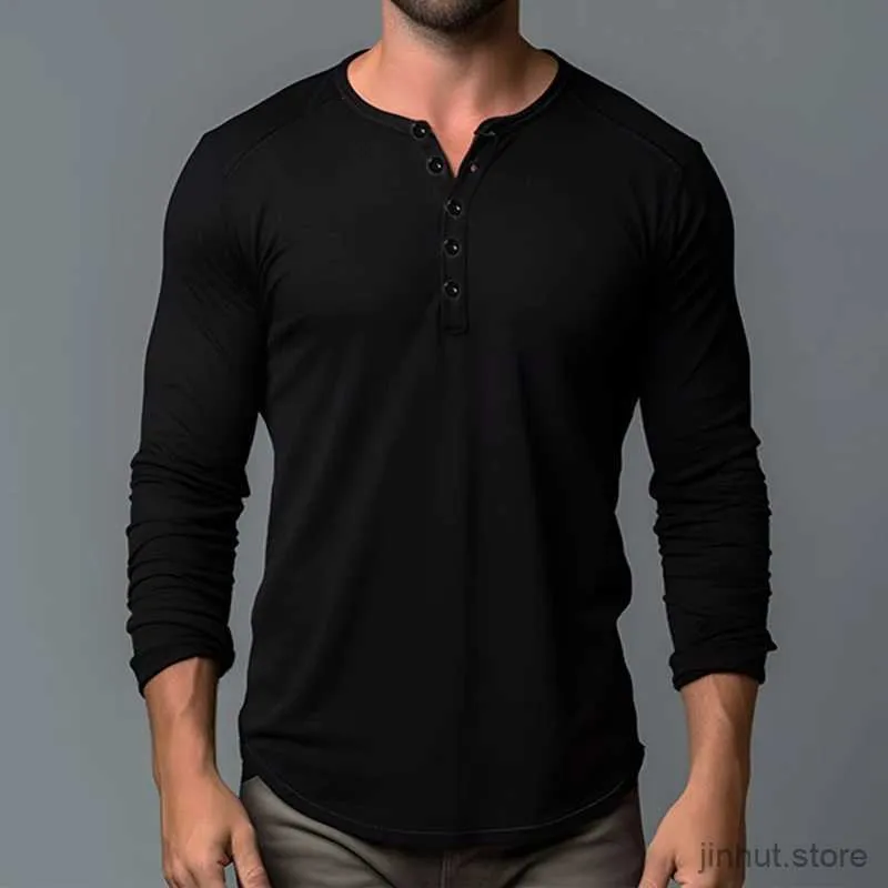 T-shirt maschile Spring New Mens Cotton Button Henley Neck Shirt Autumn Autunno Vintage Long Casual Casual Pulsante T-Shirt Fashion Solido maschio maschio