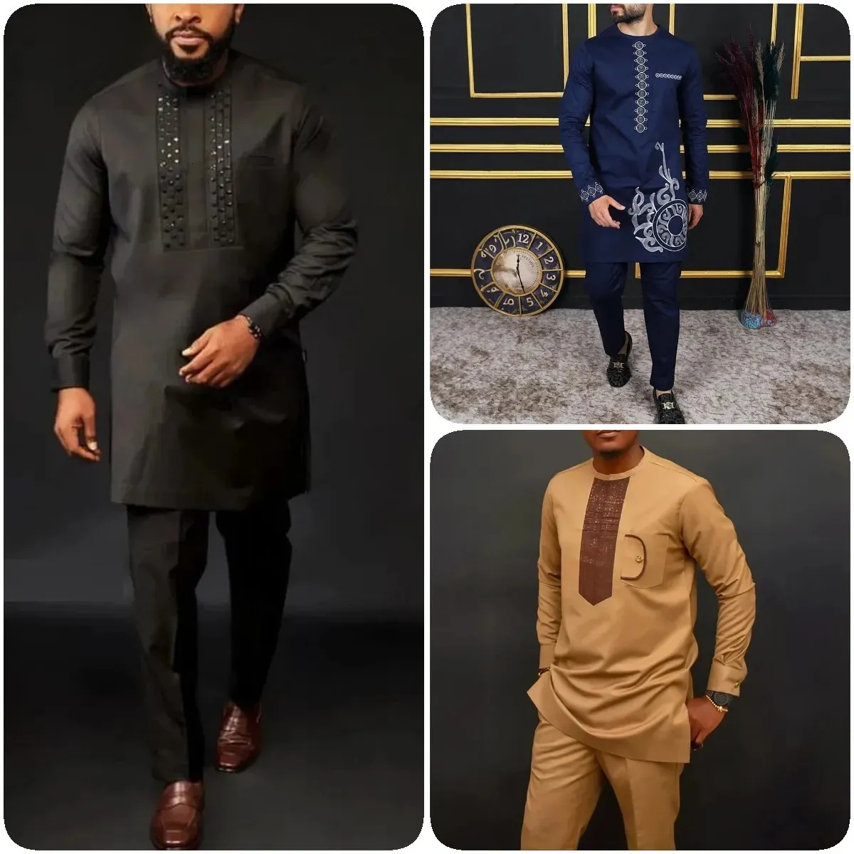 Man sätter outfit Wedding Africa pärlstav långärmad toppbyxor kaftan traditionella kläder costoumes etniska casual mens 2sts kostym 240410