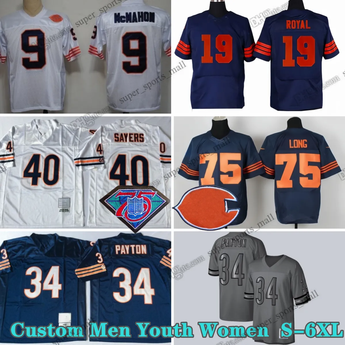 Anpassad S-6XL Vintage Football Jerseys 34 Walterpayton 40 Galesayers 50singletary 51Butkus 54 Brianurlacher 72 Perryhampton Eddieroyal Stitched Jersey ADD PATCH