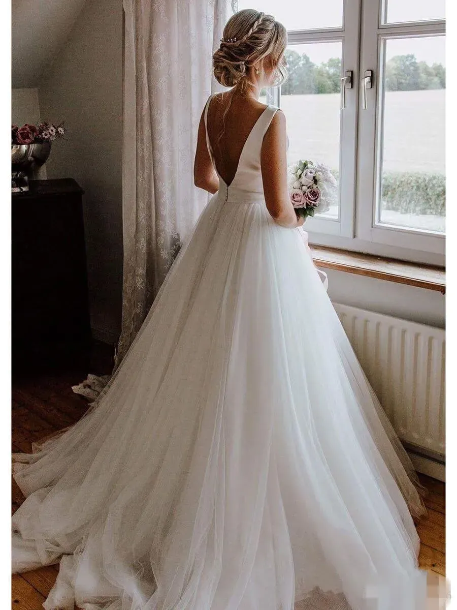 Elegant Vintage Satin A Line Wedding Dresses Tulle Sleeveless 2024 Bateau Neckline Bow Backless Country Wedding Gown