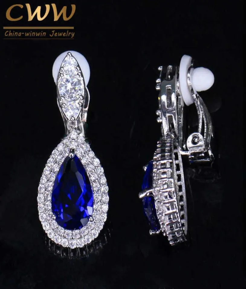 Fashion Women White Gold Color Dangle Drop CZ Royal Blue Crystal Paved No Pierced Ear Clip On Earrings Jewelry CZ164 2107142460545