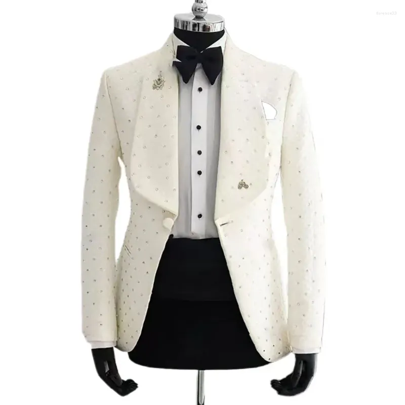 Męskie garnitury luksus 2 sztuki białe blezer czarne spodnie jeden guzik szerokie koraliki klapowe