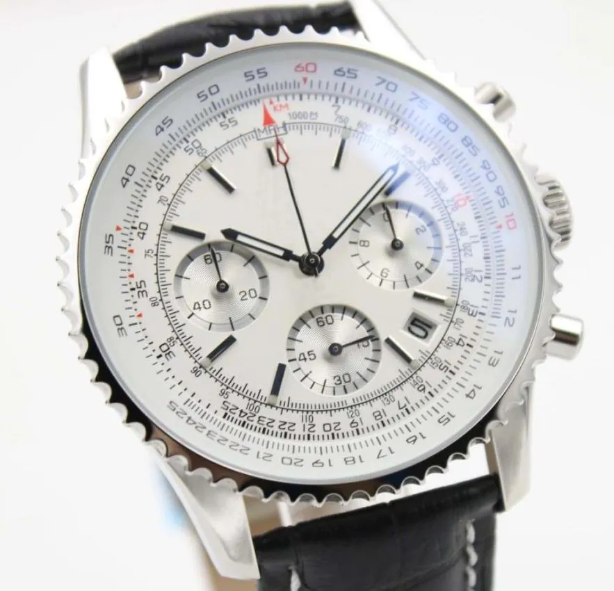 Новые спортивные свидания смотрят Chronometre Navitimer Quartz Chronograph Watch Mens Classic Watch Watch White Dial Black Leather Strap4286558