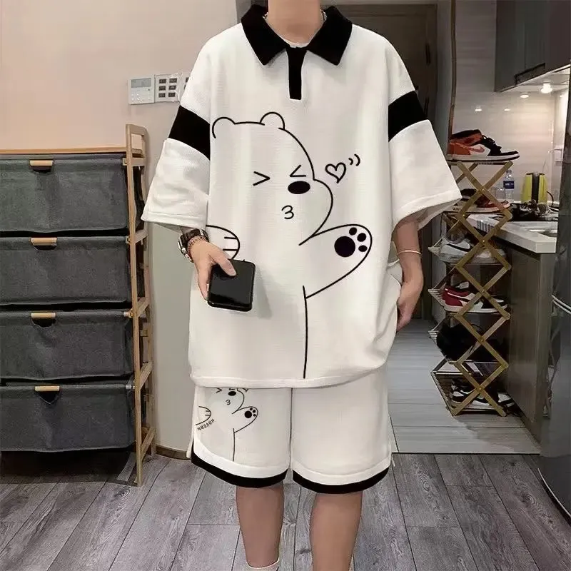 Sommer Männer Tracksuit Japan Cartoon Streetwear Cool Bär gedruckt Waffel Shirts Shorts 2 Stück Set Hip Hop Casual Short Anzug 2024 240412