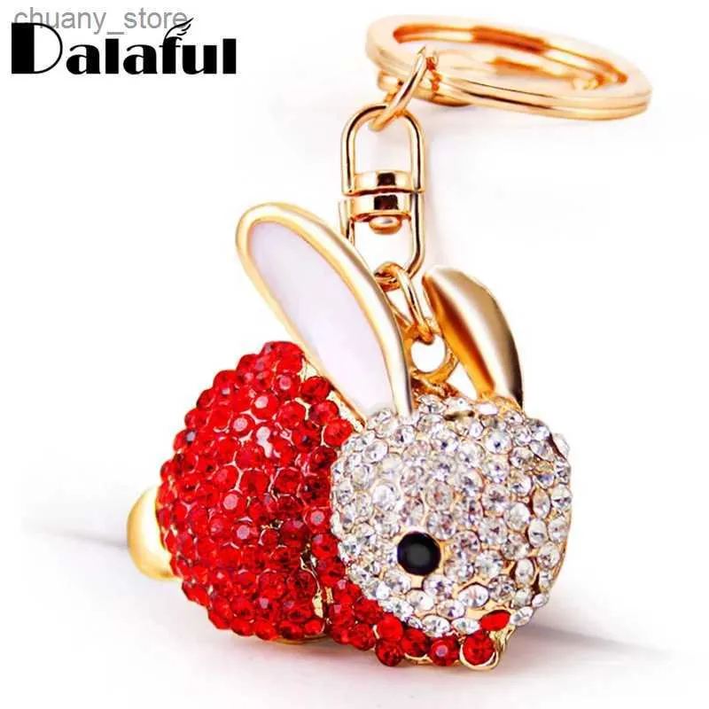 Keychains Lanyards Dalaful Lovely Rabbit Full Crystal Keychains Keyrings Key Chains Purse Bag Pendant For Car Women llaveros Lindo Chaveiro K251 Y240417