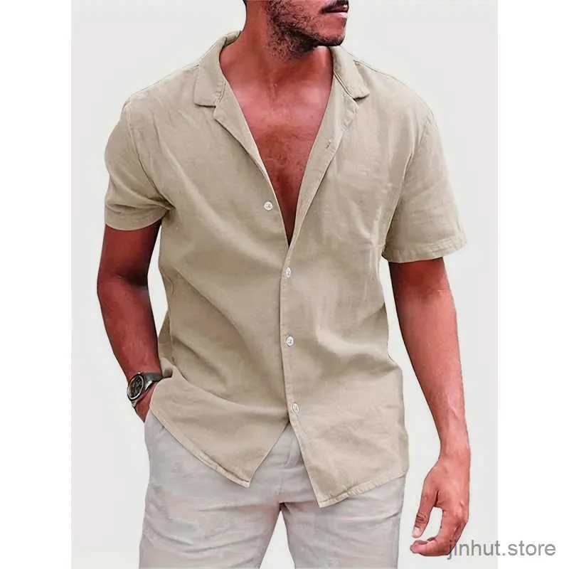 メンズTシャツ新しい夏のメンズTシャツ半袖コットンリネンルーズシャツラペルネックビーチソフトカジュアルTシャツソリッドカラー男性服