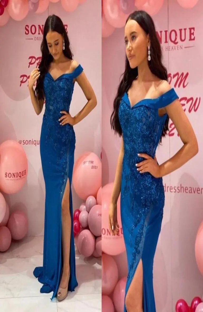 2021 Royal Blue Evening Dresses Off The Shoulder Elegant Side Slit Lace Applique Beaded Custom Made Plus 크기 파티 가운 4577090