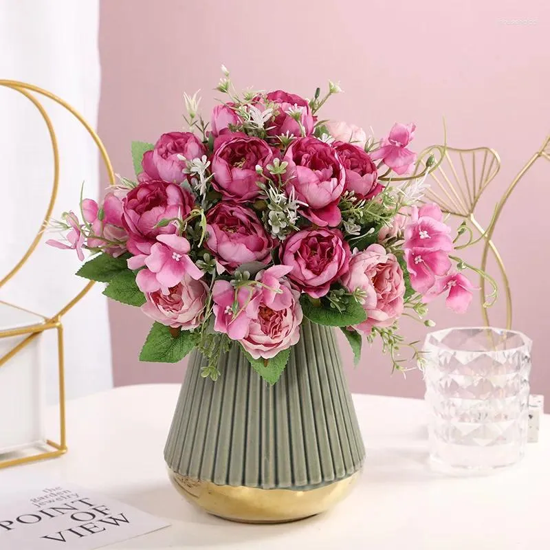 Decorative Flowers Artificial Peony Bouquet Silk Rose Vase For Home Decor Garden Wedding Fake Plants Christmas Garland Material