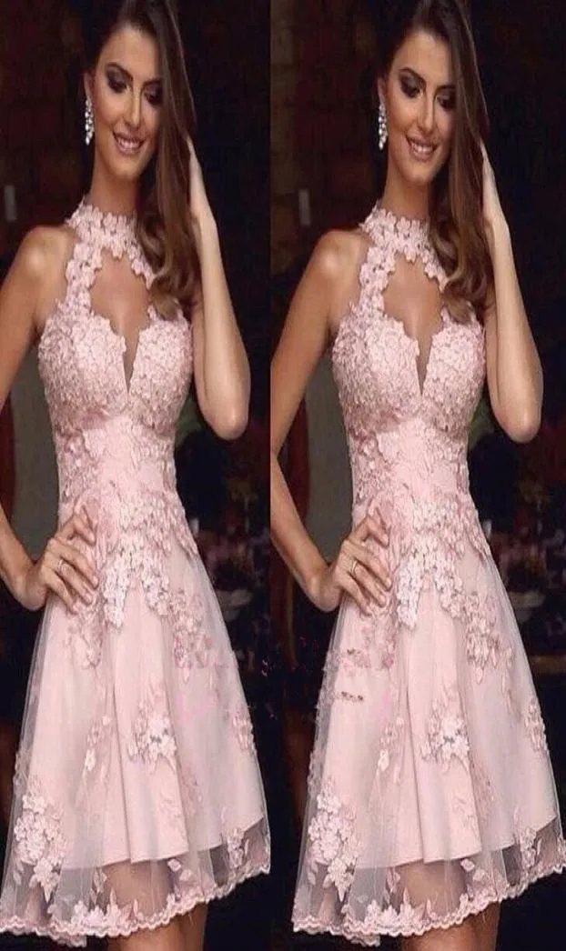 Robes de cocktail élégantes Appliques de dentelle de bijou rose courte robe de retour à la maison mini-robes de fête de bal plus taille 20201783357