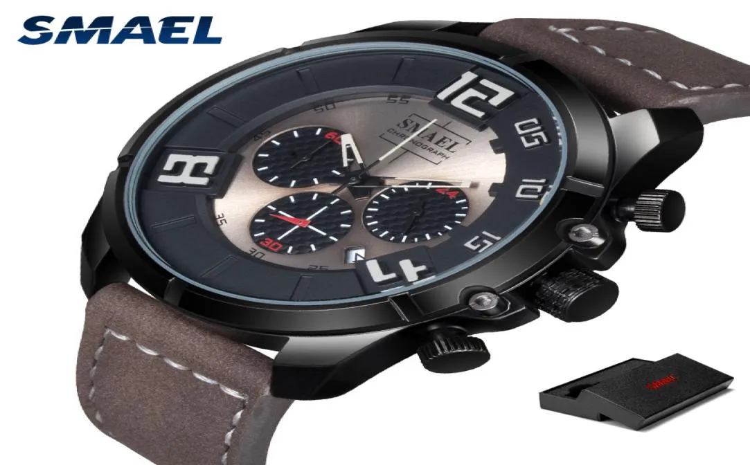 SMAEL new Casual Sport Mens Watches Top Brand Luxury Leather Fashion Wrist Watch for male Clock SL9075 Chronograph Wristwatches M6630056