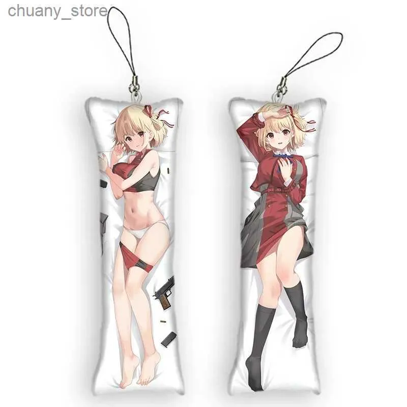 Keychains Lanyards 4x12cmLycoris Recoil Chisato Nishikigi Anime Key Chain Mini Dakimakura Backpack Decor Bag Cute Pendant Key Phone Keychain Y240417