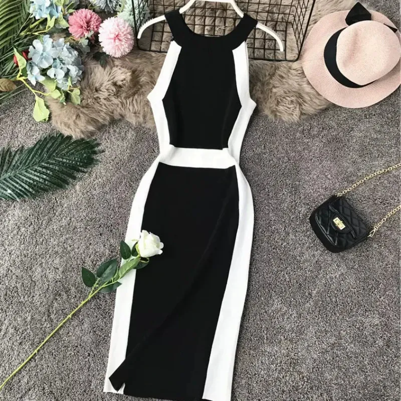 2024 Casual Women Dress Sticked O Neck Sleeveless White Stripe Side Elegant Midi Dresses Bodycon Female Vestidos 240415