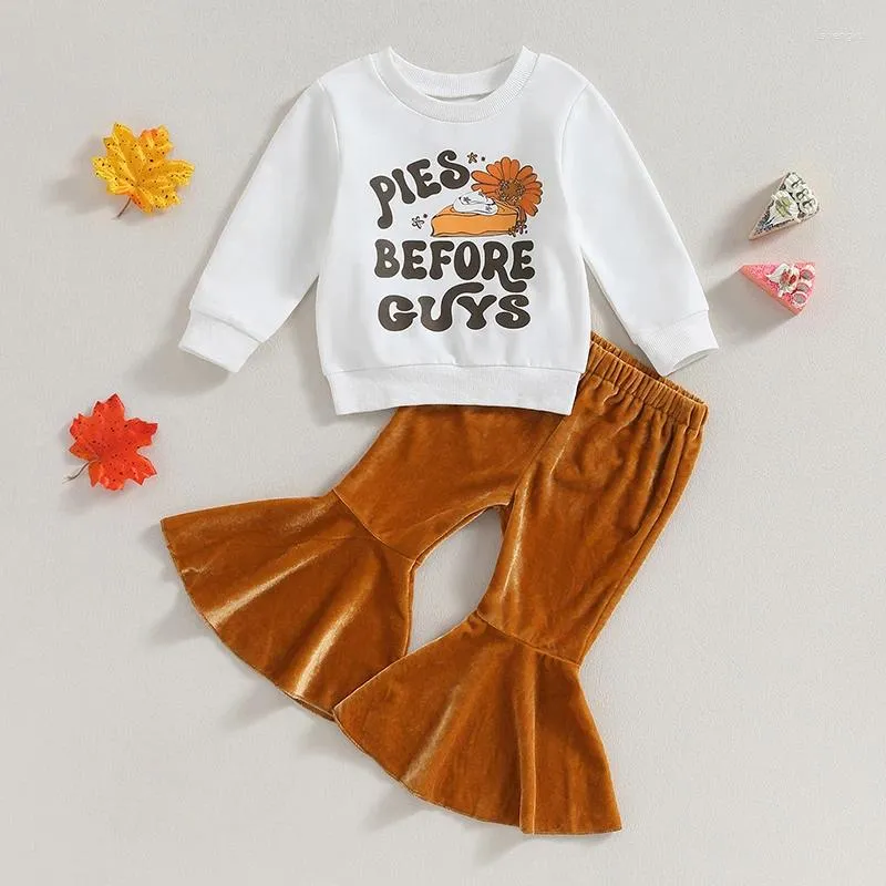 Kläder sätter fokusnorm 0-4y småbarn barn flickor tacksägelse kläder brev tryck långärmad tröja sammet velvet flare byxor