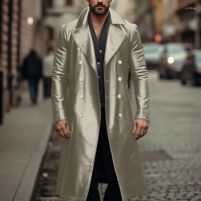 Men's Trench Coats 2024 Explosive Autumn And Winter Vintage Pu Leather Double-breasted Mid-length Coat