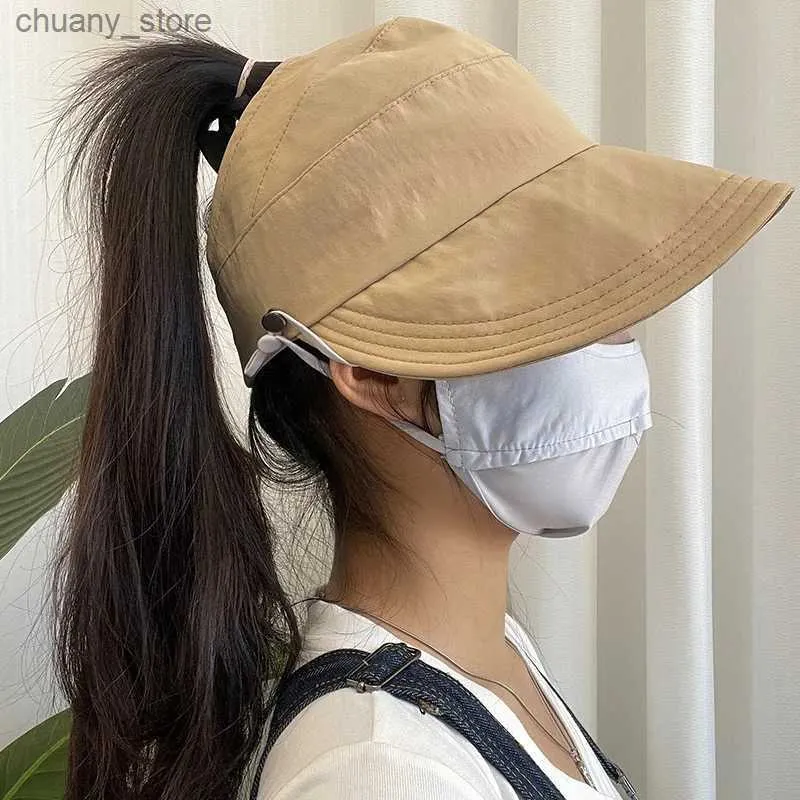 Visors Summer Quick-drying High Ponytail Empty Top Hat For Women Face Mask Hook Design Sun Hat Adjustable Length Wide Brim Baseball Cap Y240417