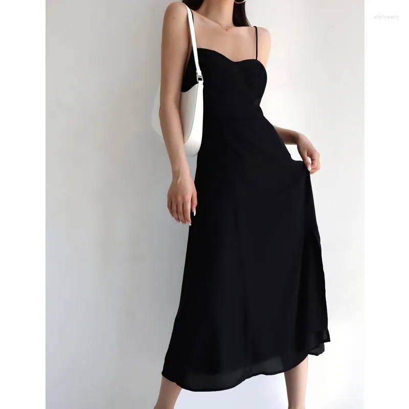Casual Dresses Black Slip Dress Vintage Side Slit Beach Chest Wrap