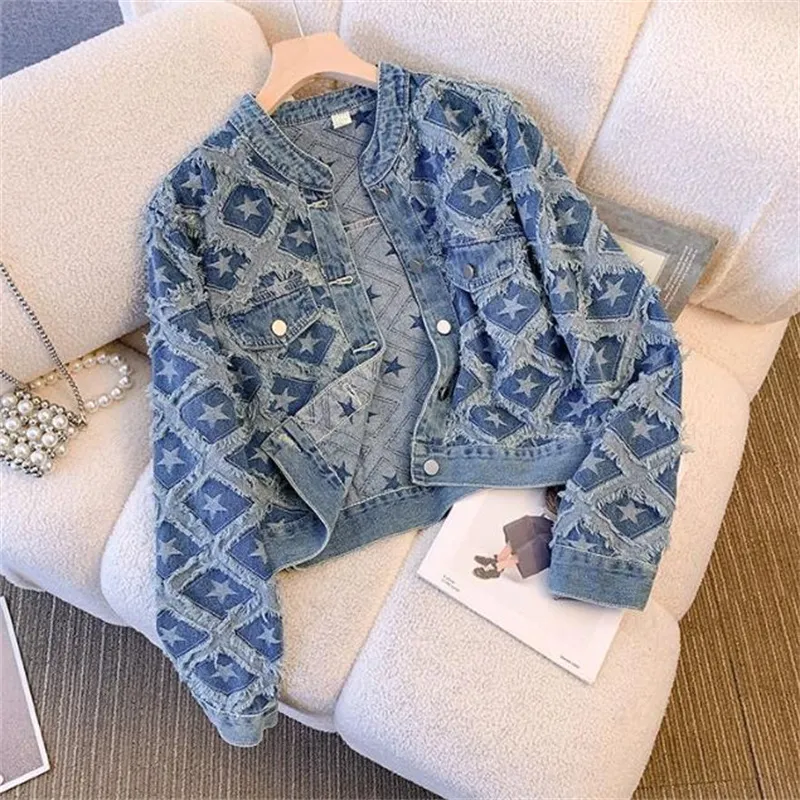 Blue Denim Shirt Jacket Women's Loose Spring and Autumn New Design Sense Korean version av den åldersreducerande Jacquard Top.