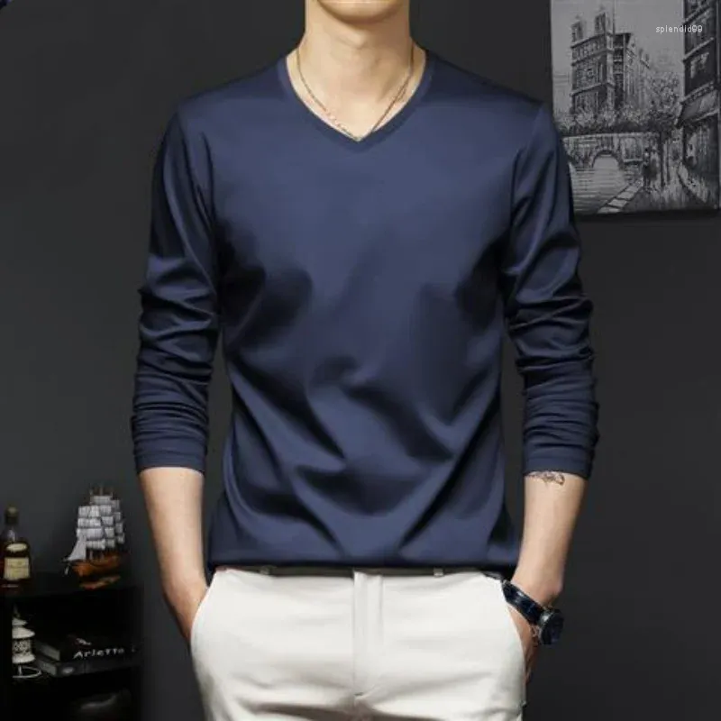 Мужские футболки T-выступление осенняя реклама шелковая футболка корейская повседневная универсальная сплошная сплошная с длинным рукавом V-образный выстрел Slim Top2024