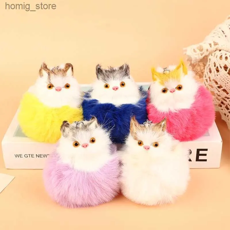 Plush Keychains 1Pc 8.5CM Imitation Rabbit Fur Cat Head Key Chain Women Cute Girls Plush Animal Keychain On Bag Car Trinket Jewelry Party Gift Y240415