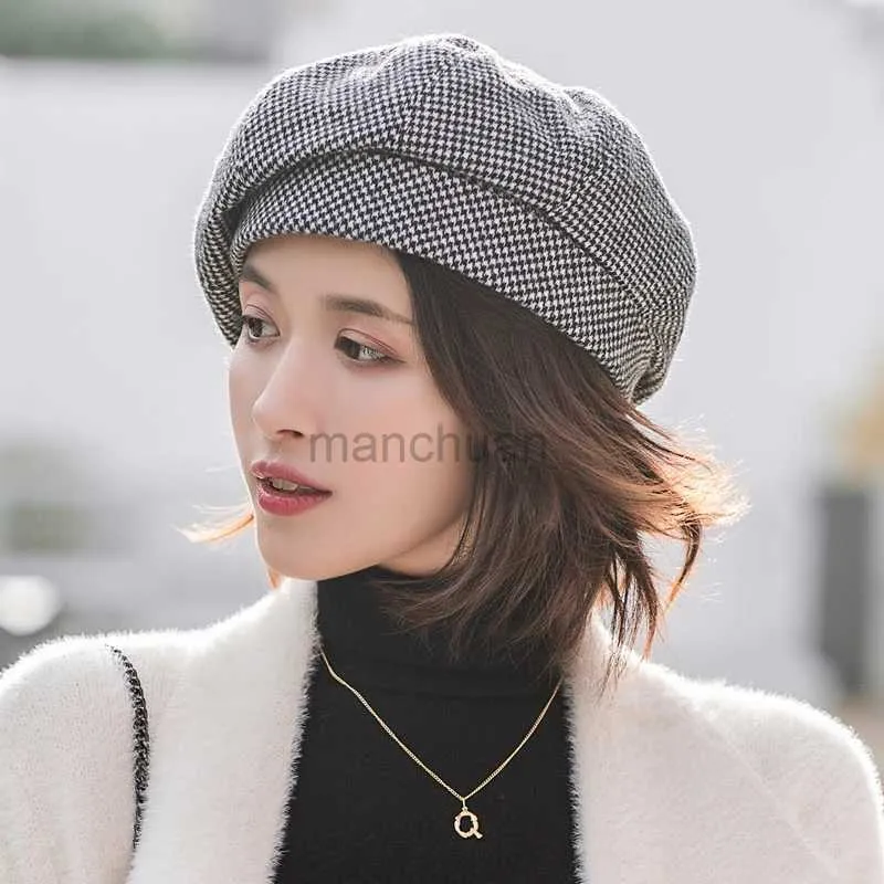 Berets Simple Women beret For Elegant lady Winter Female Cotton Hats Plaid Vintage Octagonal Casual boina Autumn girl Cap d24417