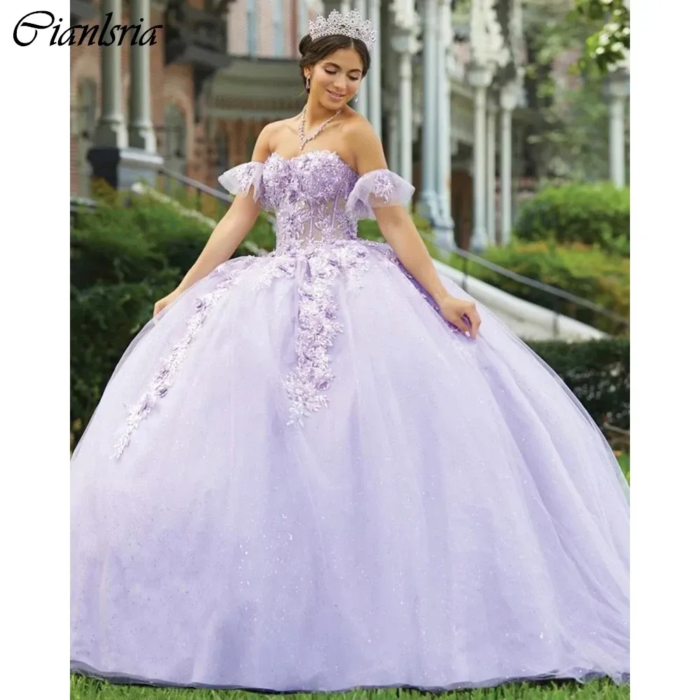Lilas hors de la robe de bal épaule quinceanera robes illusion 3d vestidos corset de dentelle florale de 15 anos