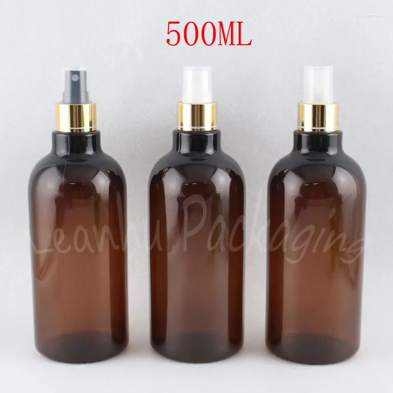 Botellas de almacenamiento Botella de plástico marrón de 500 ml con bomba de pulverización de oro de 500cc MAYOR DE MAYOR Sub-bottling / envasado de agua (14 pc / lote)