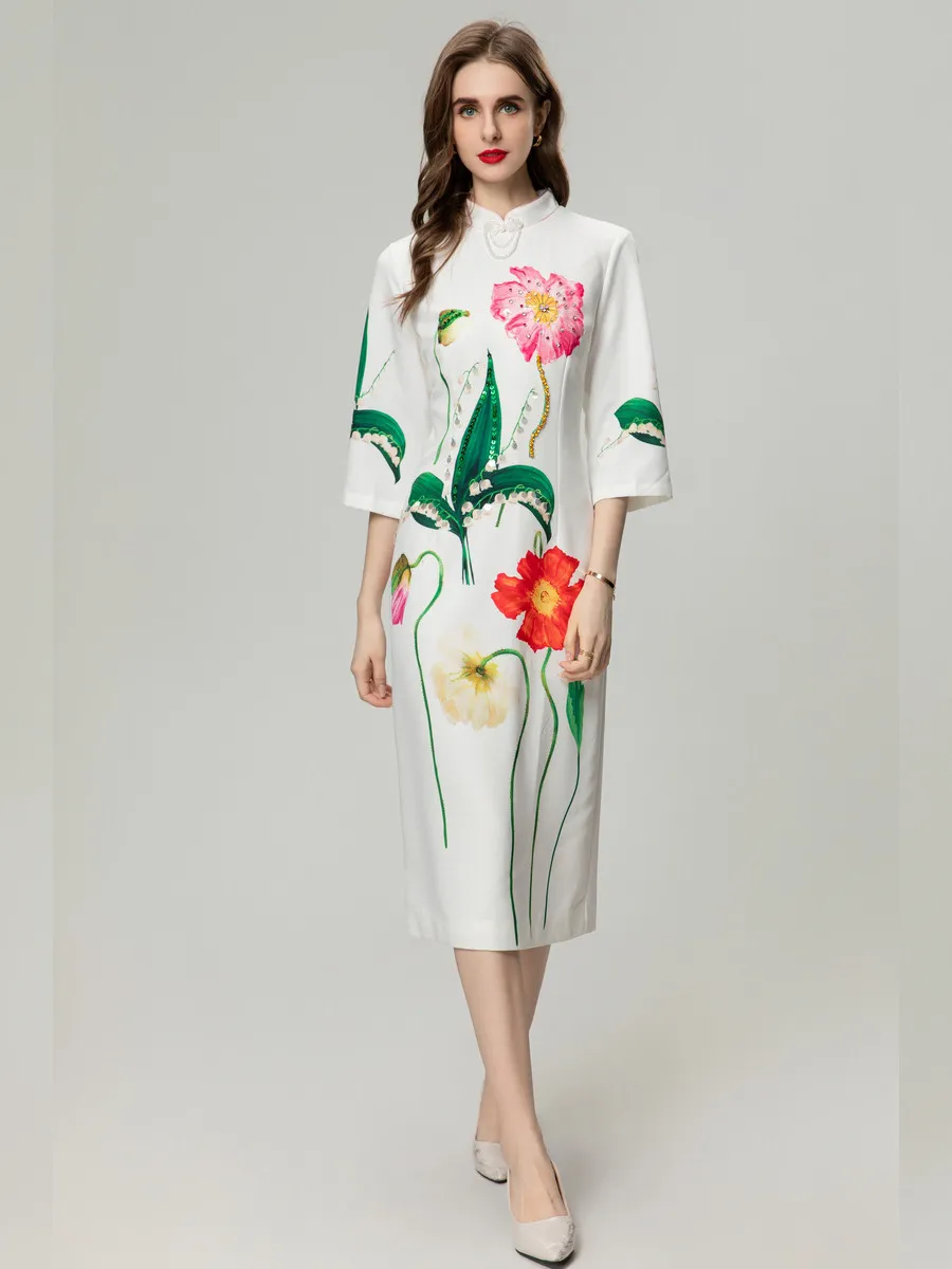 Design de mode de mode d'été Femmes Femmes Vintage Floral Per perles brodées Flures Mandarin Collier Mid-Calf Robes de penci blancs élégants