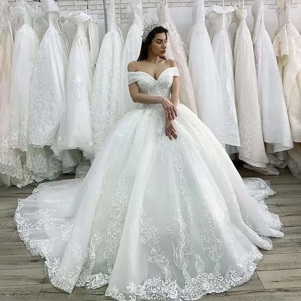 Long Train Beaded Princess Dress Wedding 2023 Lace Appliques Lace-Up Ball Gown Elegant Woment Bridal Dresses Custom Vestido De Noiva Off Shoulder Plus Size -Up es