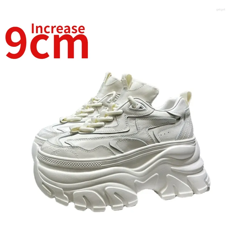 Chaussures décontractées Europe / American Street Style Design pour les femmes authentique hauteur de cuir augmente 9 cm British White Sports Dad's