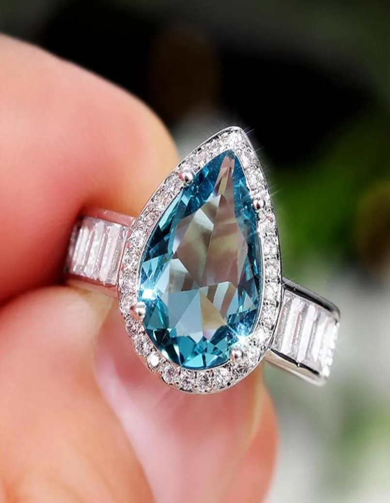 Anelli di nozze carine femmina cristallo goccia di goccia di lusso colore di lusso per donne in piena zircone blu zircone pietra