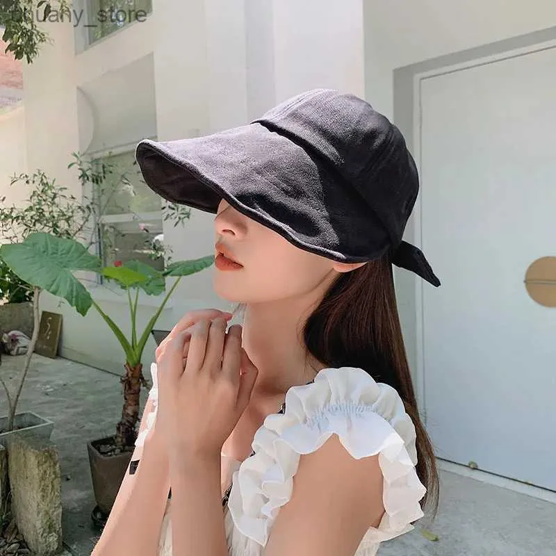 Visors Bow Tie Fishermans Hat Women Summer Outdoor Sports Sun Visor Beach Cap Long Brim Sun Hat Y240417