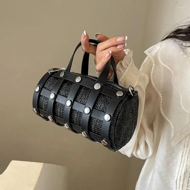 Boho Chic Retro Rivet Crossbody fancy tote bags for Women Hollow Out Straw Handbag with Shoulder Strap Phone Purse and Small Round Design Black 2024