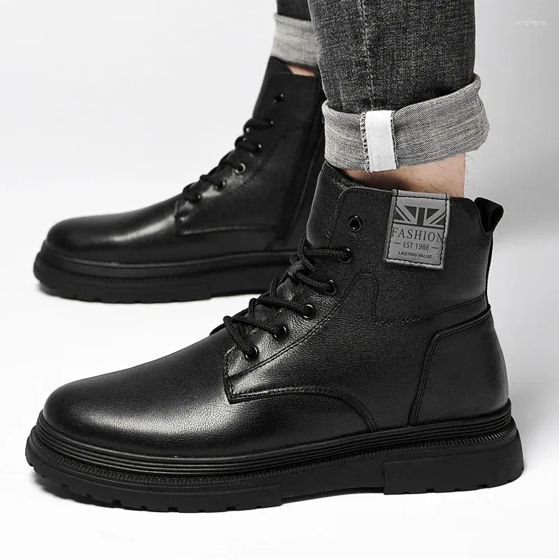 Botas de couro genuíno homem de inverno homem preto homem motocicleta quente tornozelo punk calçado casual masculino macho