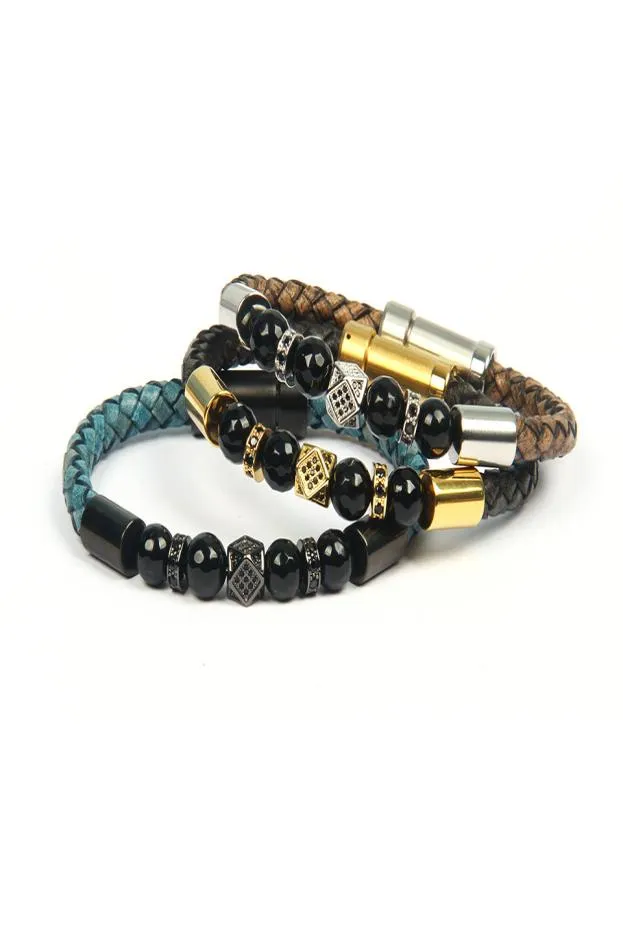 Jewelry Men Irregular Geometric Faced CZ Rivet Bracelets Stainless Steel Clasp Cowhide Leather Bracelet For Women1905565