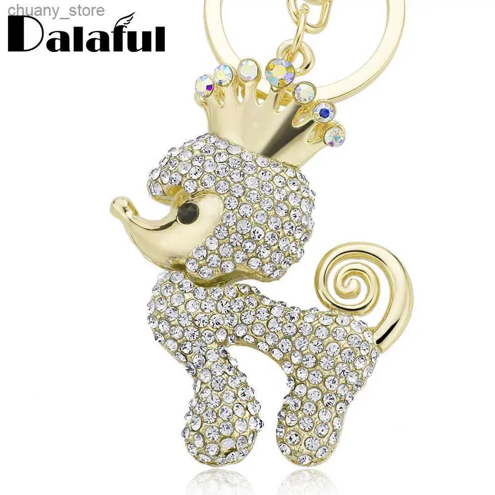Keychains Lanyards Dalaful Exquisite Crown Poodle Dog Crystal Key Ring Chains Holder Bag Buckle Pendant For Car Keyrings KeyChains K308 Y240417