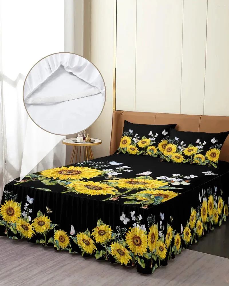 Sängkjol Park Solrosblomma Butterfly Elastic Montered Bed Stead med kuddväskor Madrass Cover Bedding Set Sheet