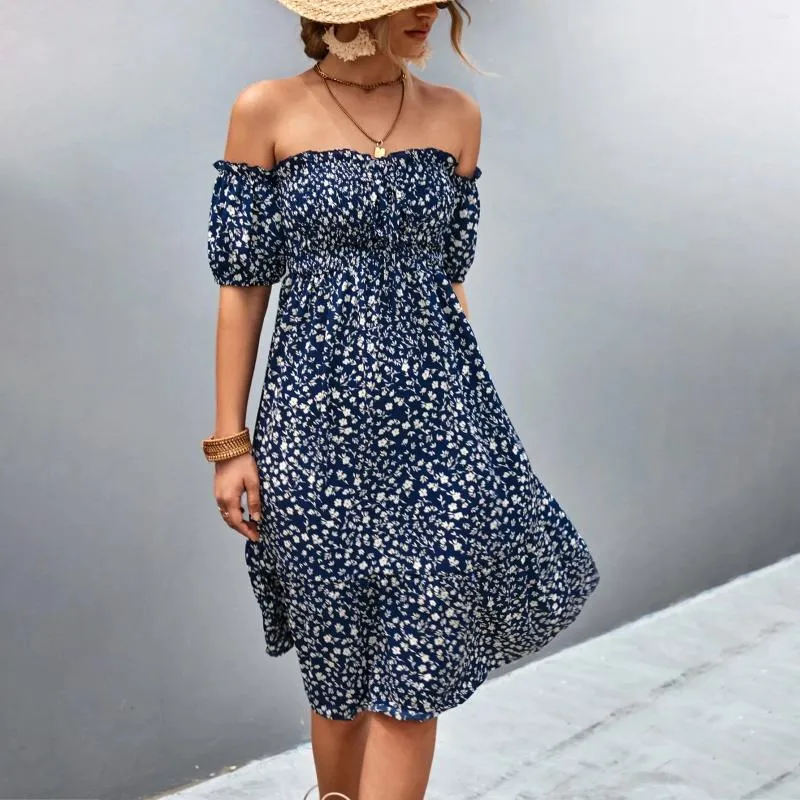 Casual Dresses Women's One Line Shoulder Dress Slim Midjan Ruffled kant Allover Floral Holiday Beach Summer