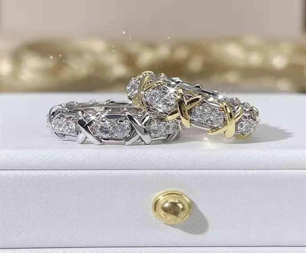 X3VH Full Diamond 16 Stone Ring Female Sterling Silver Thouse X Shaped Row Diamond 18K Gold Peach Finger Par Light Luxur7620981