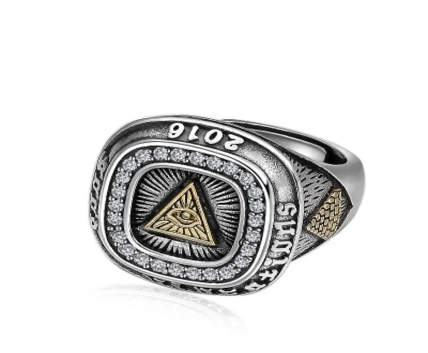 925 Sterling Thai Silver Punk Rock Eye of God Pyramid Inlay Gemstone Natural Stone Ring Jewelry5339987